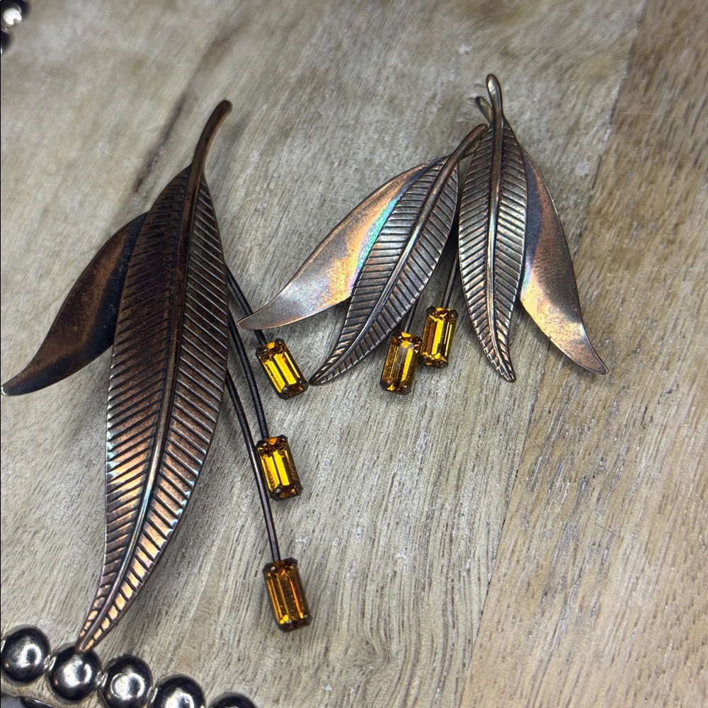 Vintage Copper Leaf Design Brooche With Orange Crystal Stone Accents Earring Set
